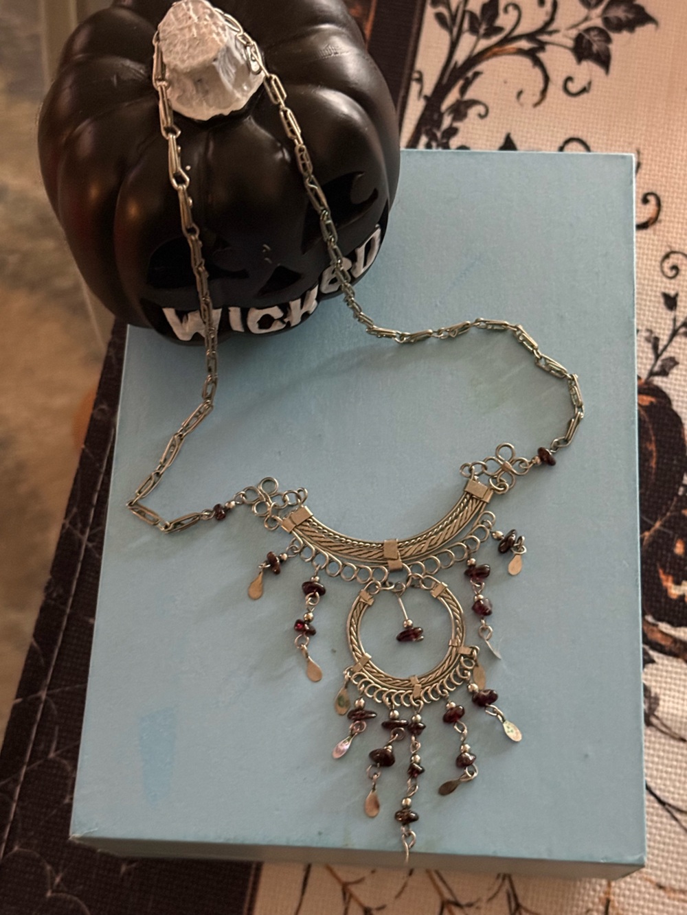 Hand Crafted Silver-Tone Necklace with Dark Red Beads